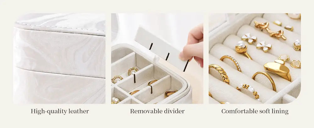 White 2-layer lockable jewelry box featuring high-quality PU leather exterior, removable dividers and comfortable soft velvet lining