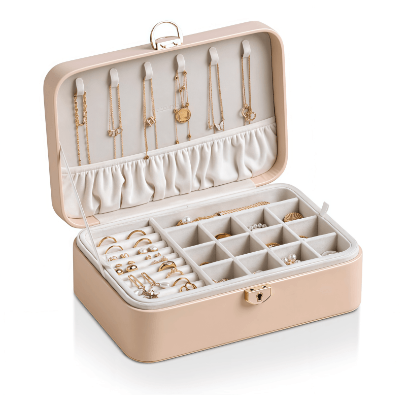 Pink 2-layer lockable jewelry box with embossed PU leather and gold clasp, open view with jewelry