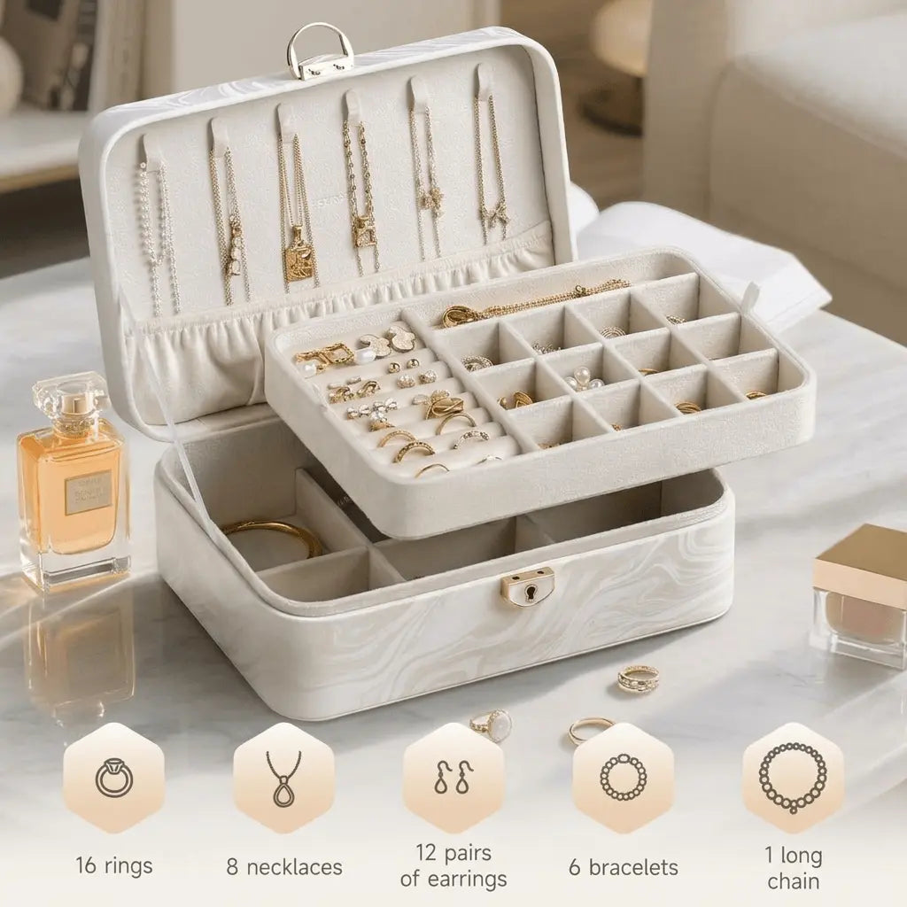 2-layer lockable jewelry box storage capacity – 16 rings, 8 necklaces, 12 pairs of earrings, 6 bracelets and 1 long chain