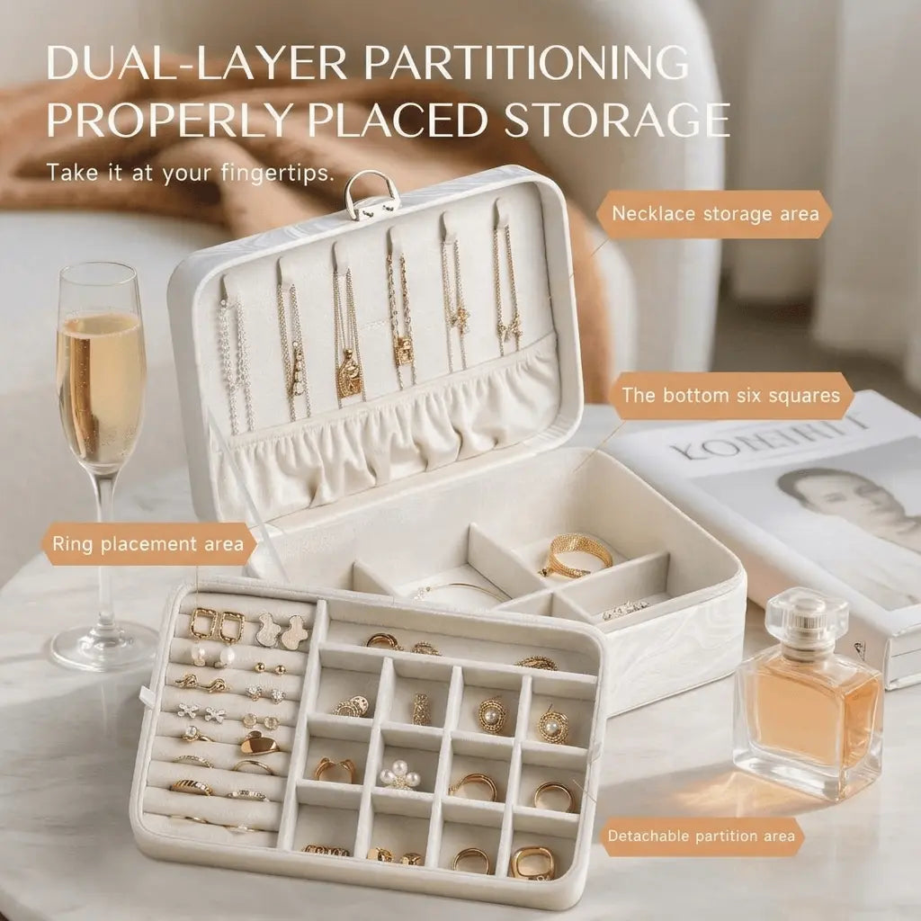 White 2-layer lockable jewelry box open showing dual-layer partitioning with necklace hooks, ring bar and removable earring tray