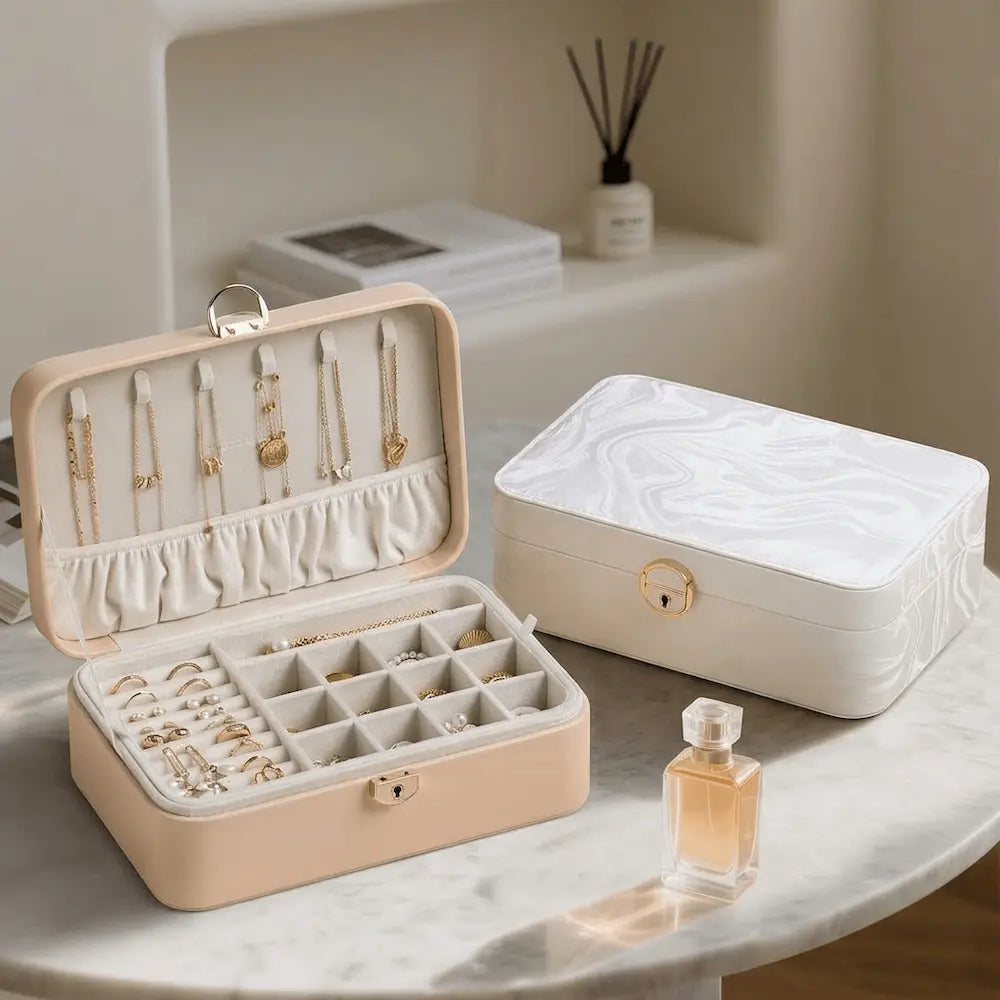White and pink 2-layer lockable jewelry boxes displayed open with removable tray on marble table