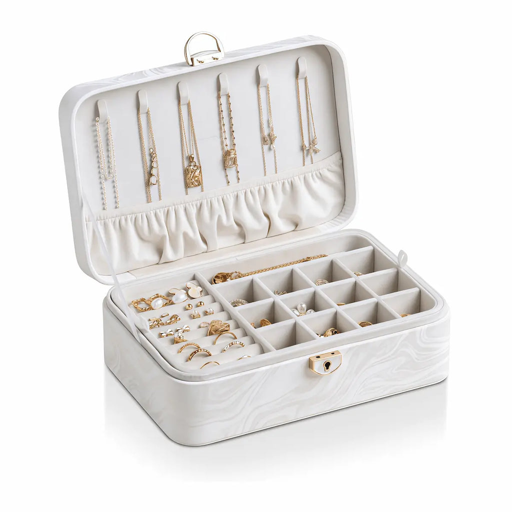 White 2-layer lockable jewelry box with embossed PU leather and gold clasp, open view with jewelry
