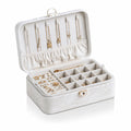 White 2-layer lockable jewelry box with embossed PU leather and gold clasp, open view with jewelry