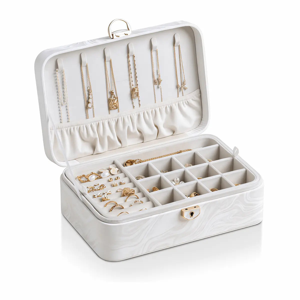 White 2-layer lockable jewelry box with embossed PU leather and gold clasp, open view with jewelry