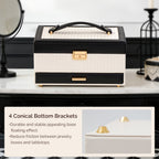 3-layer jewelry box detail showing 4 gold conical bottom brackets for stable surface protection