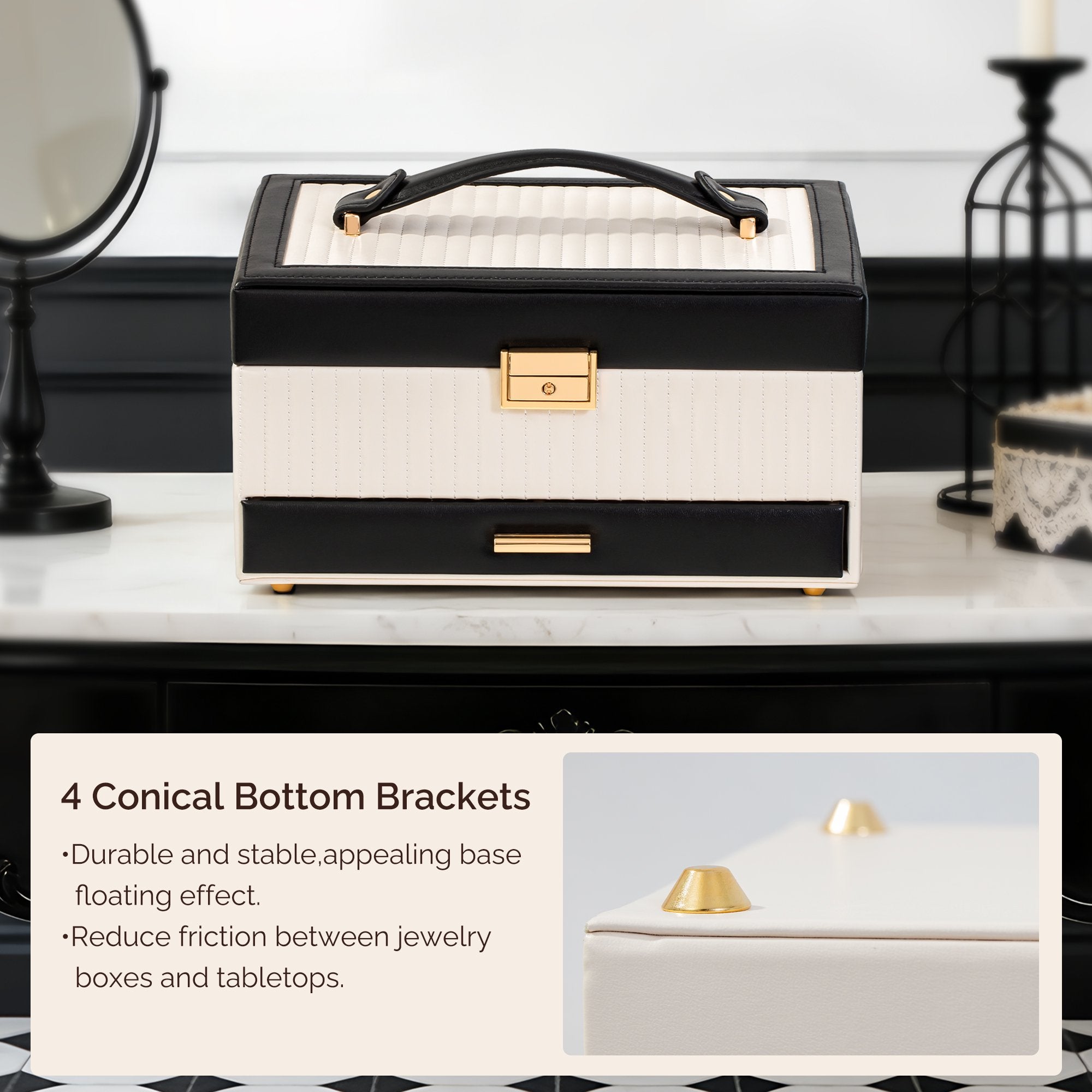 3-layer jewelry box detail showing 4 gold conical bottom brackets for stable surface protection