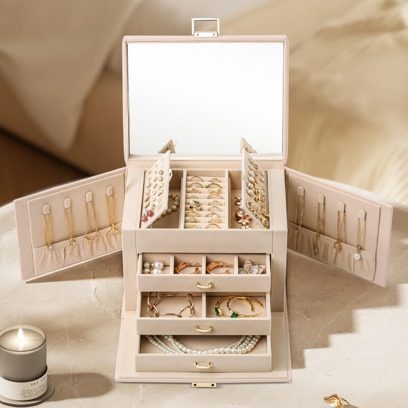 3-layer jewelry box fully open showing mirror, side necklace boards and 3 drawers