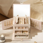 3-layer jewelry box fully open showing mirror, side necklace boards and 3 drawers