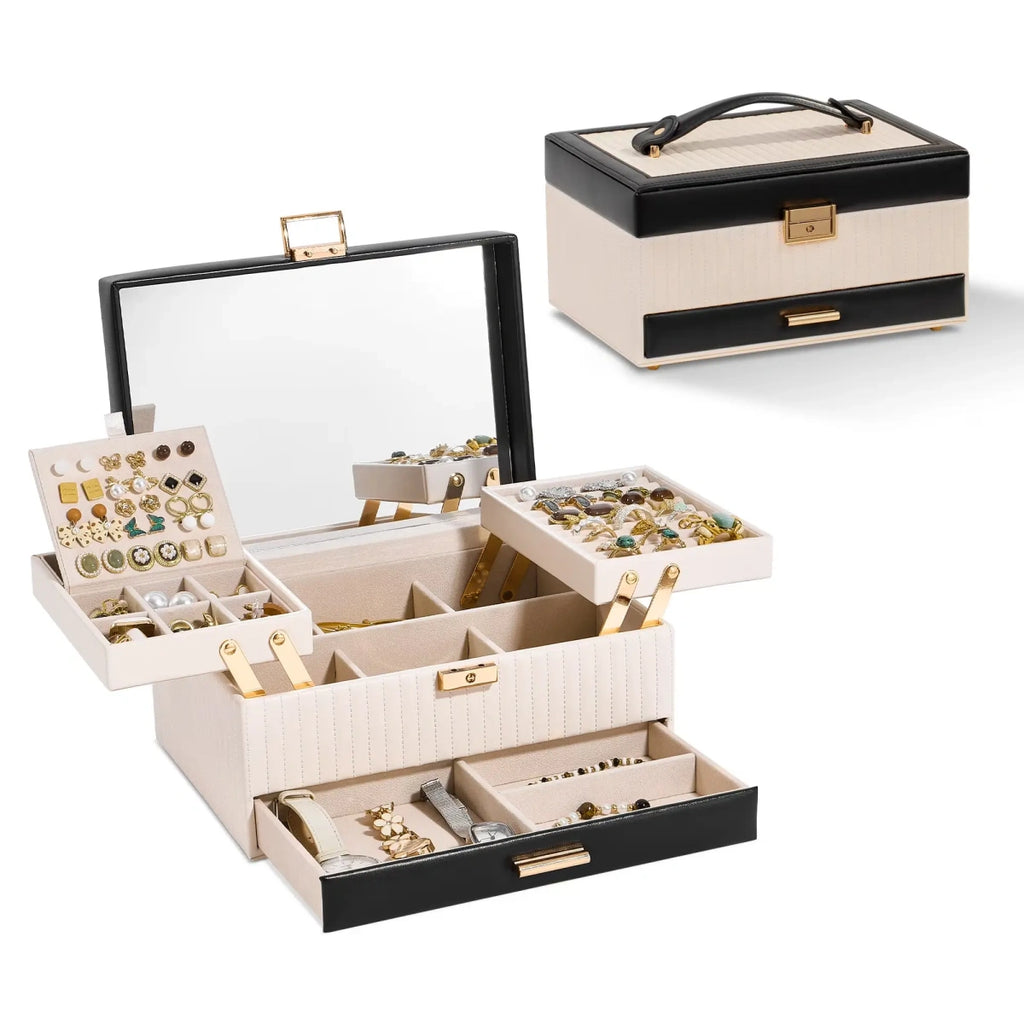 3-layer jewelry box with mirror in black and white two-tone PU leather, open and closed view