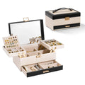 3-layer jewelry box with mirror in black and white two-tone PU leather, open and closed view
