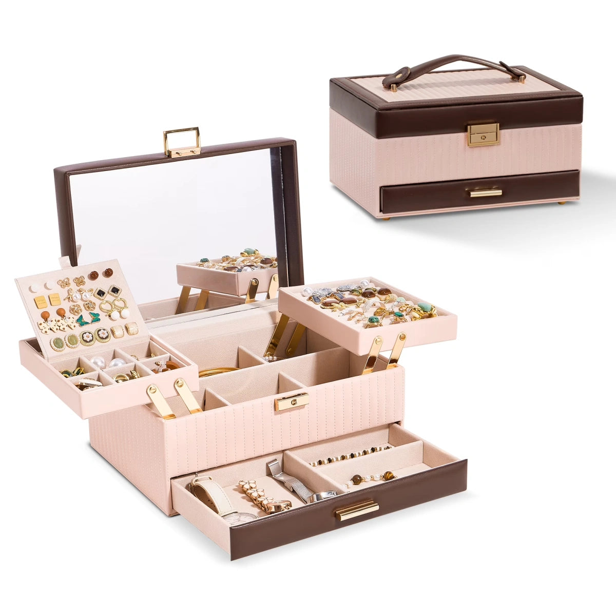 3-layer jewelry box with mirror in brown and pink two-tone PU leather, open and closed view