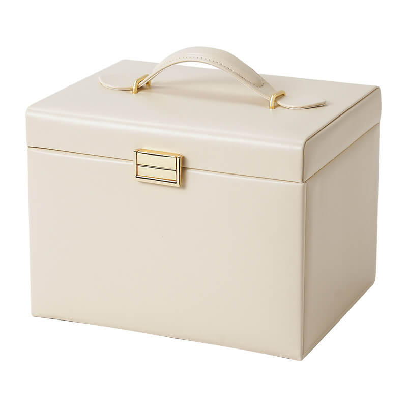 3-layer PU leather jewelry box with mirror, white, closed front view
