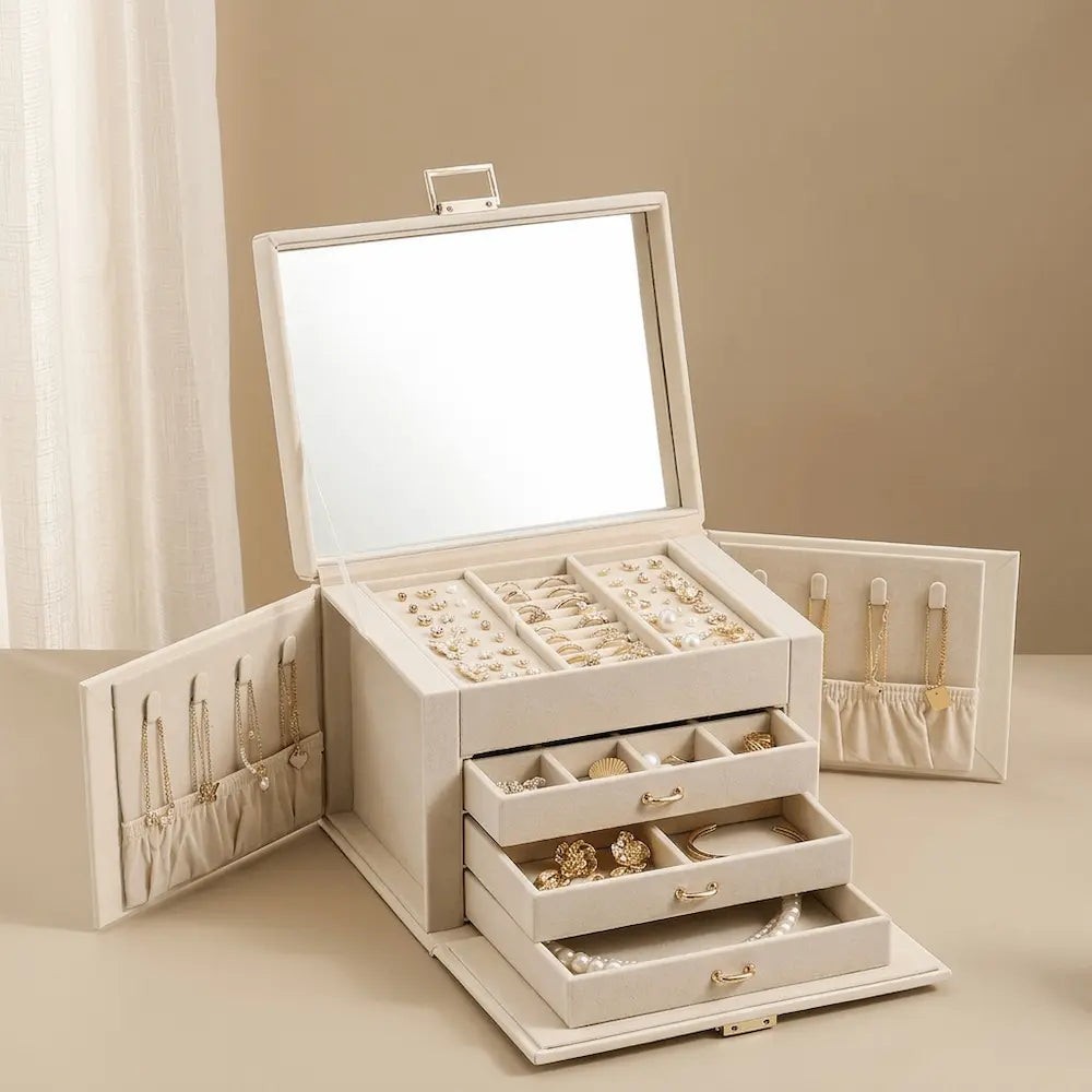 3-layer jewelry box right side open showing necklace hooks and mirror