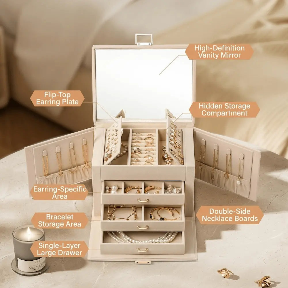 3-layer jewelry box labeled storage zones – mirror, earring plate, necklace boards, bracelet and drawer areas