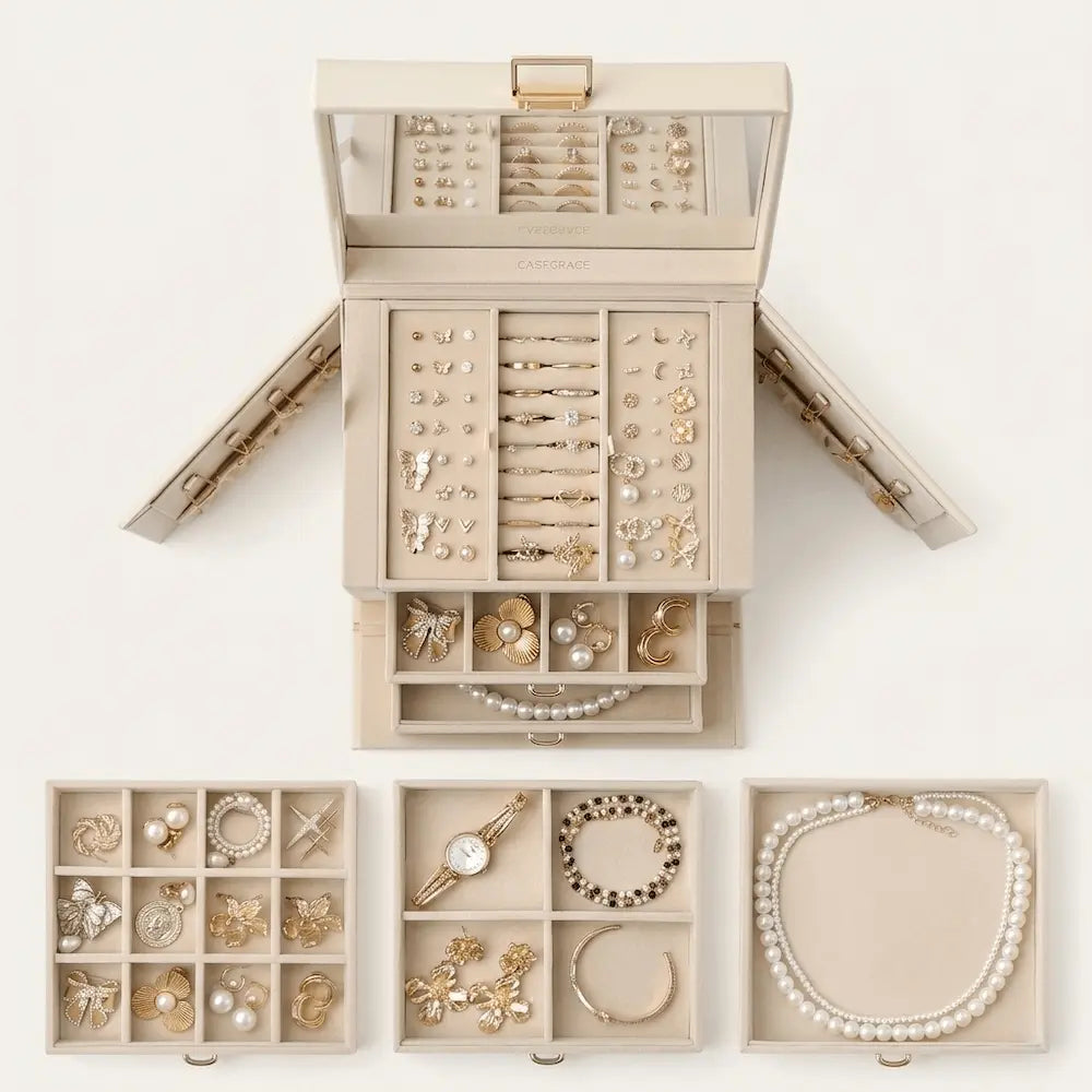 3-layer jewelry box top view with 3 drawers laid out showing all compartments