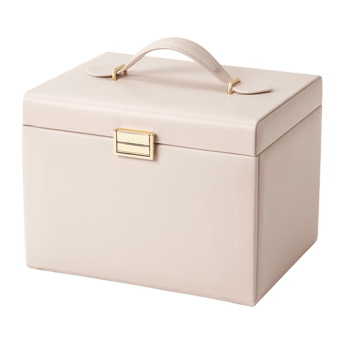 3-layer PU leather jewelry box with mirror, light pink, closed front view