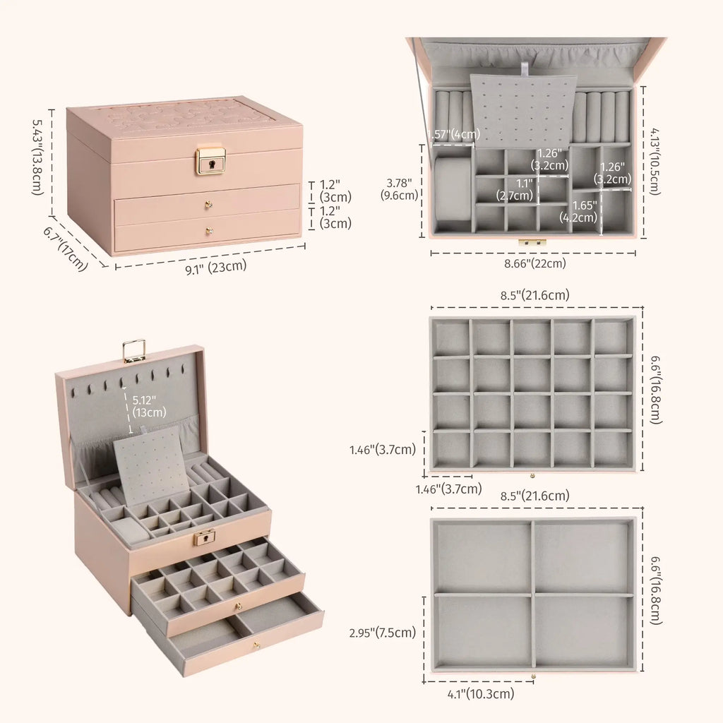 A detailed size and dimension diagram of the pink 3-tier jewelry box, showing exact measurements in inches and centimeters for the outer box, drawers, and inner compartments.