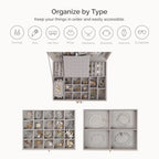3-tier jewelry organizer box trays display with organize by type icons.