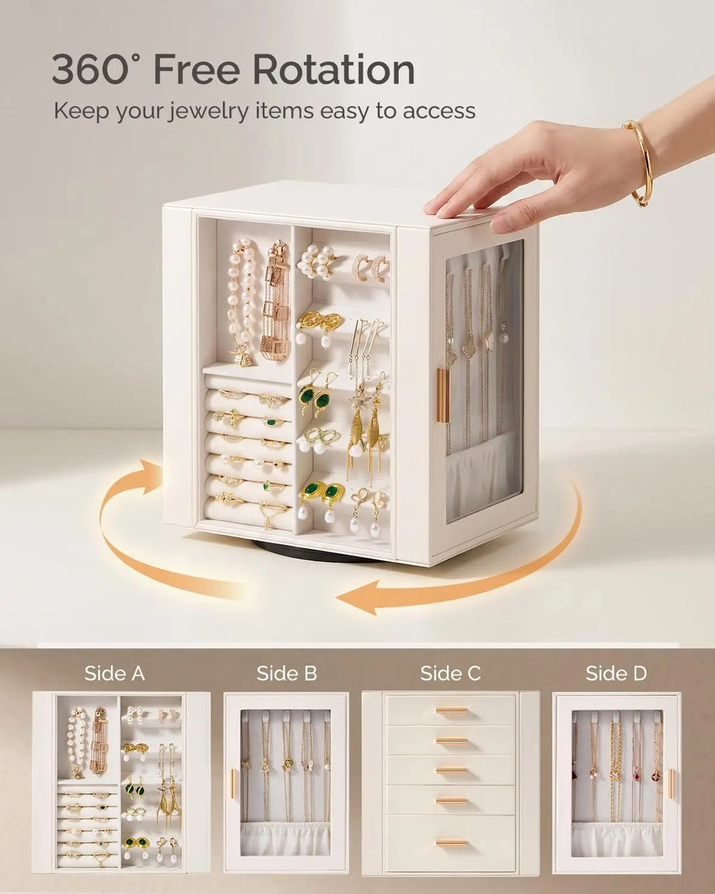 White 360-degree rotating jewelry box showcasing four sides of storage including earring slots, necklace hooks, and drawers.