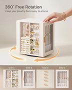 White 360-degree rotating jewelry box showcasing four sides of storage including earring slots, necklace hooks, and drawers.