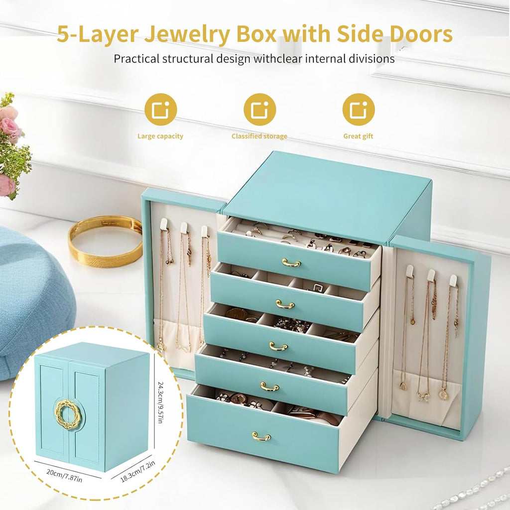 5-layer jewelry box dimensions – 20cm x 18.3cm x 24.3cm, shown open with all drawers and side doors