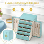 5-layer jewelry box dimensions – 20cm x 18.3cm x 24.3cm, shown open with all drawers and side doors
