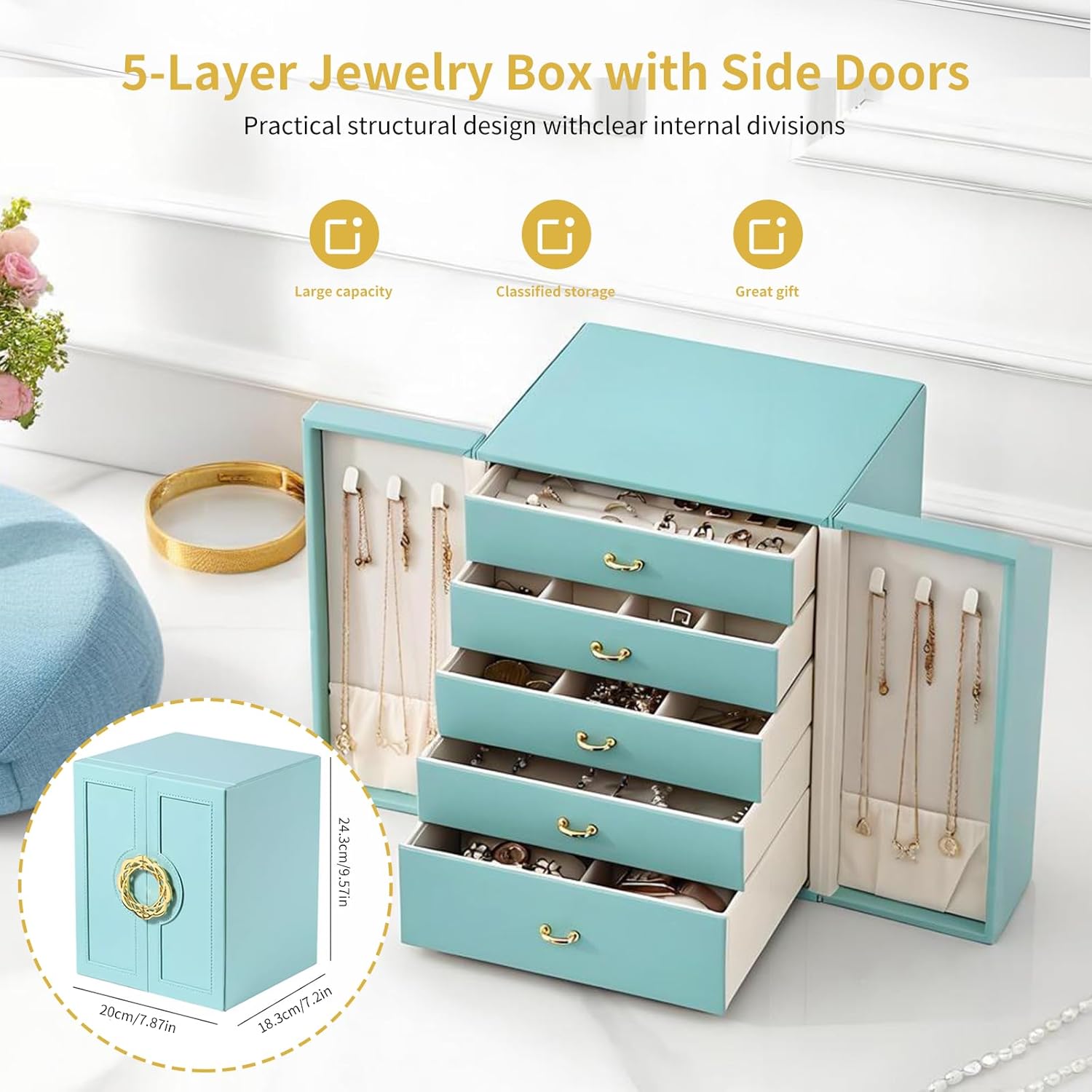 5-layer jewelry box dimensions – 20cm x 18.3cm x 24.3cm, shown open with all drawers and side doors