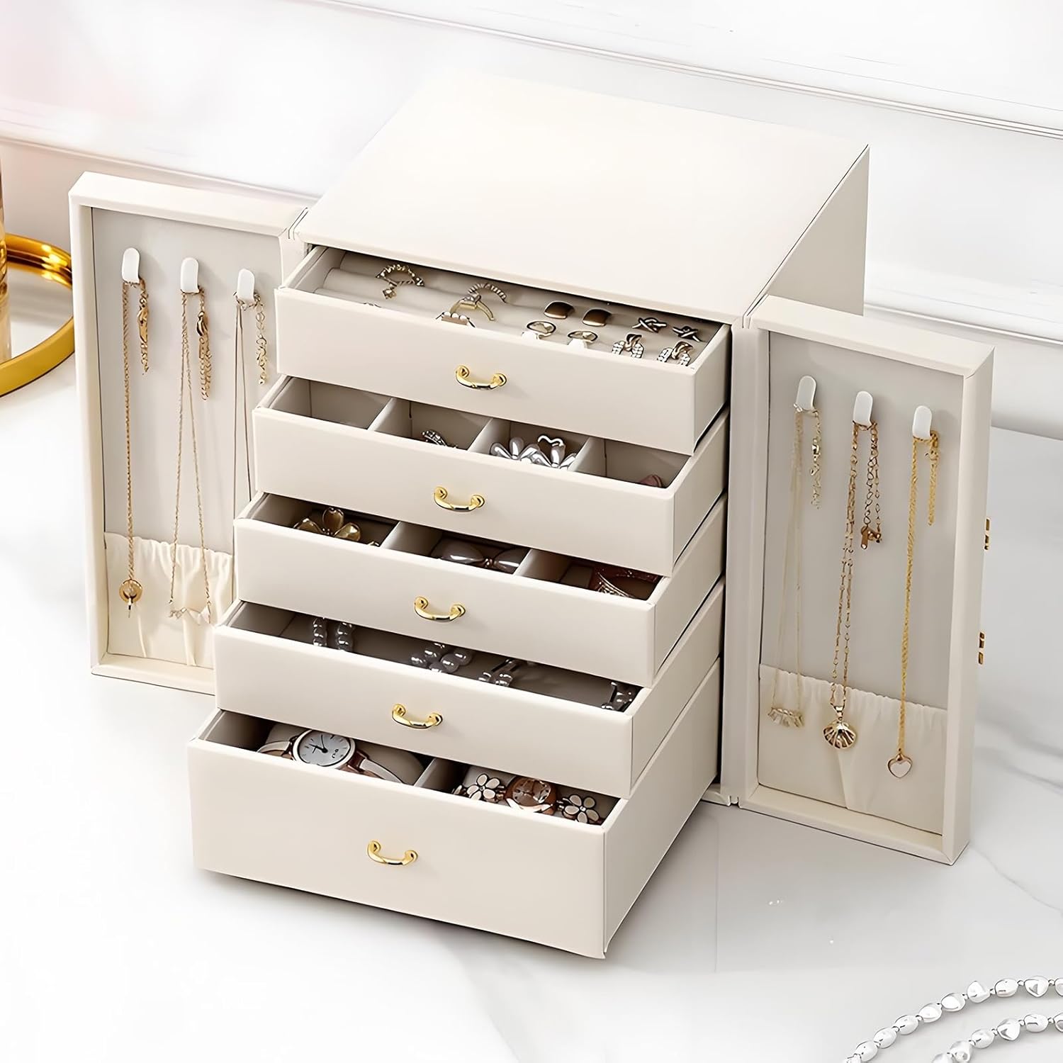 Jewelry box drawer detail with velvet lining