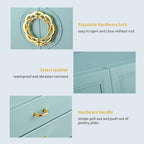 Jewelry box exterior details – gold hardware lock, waterproof leather surface and gold drawer handle