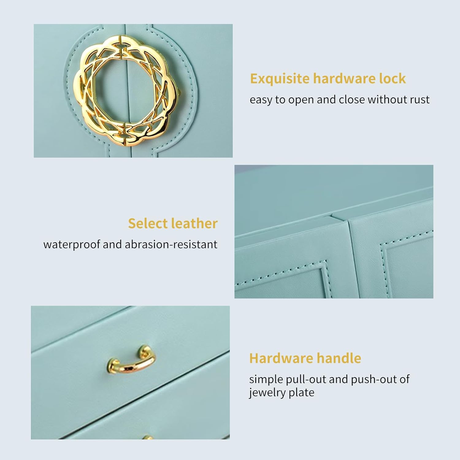 Jewelry box exterior details – gold hardware lock, waterproof leather surface and gold drawer handle