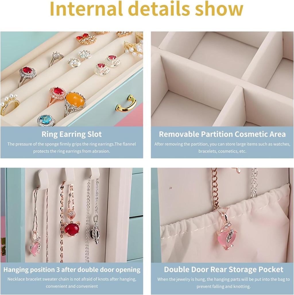 Jewelry box interior details – ring slot, removable partition, door hanging hooks and rear storage pocket