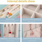 Jewelry box interior details – ring slot, removable partition, door hanging hooks and rear storage pocket