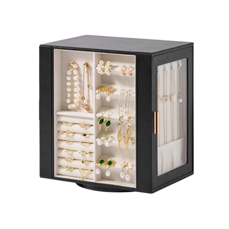 Black 360-degree rotating jewelry box showing side details with necklace hooks and velvet earring organizer.