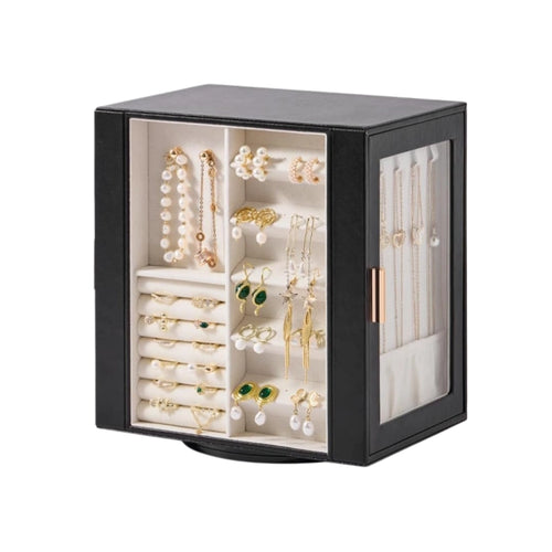 Black 360-degree rotating jewelry box showing side details with necklace hooks and velvet earring organizer.