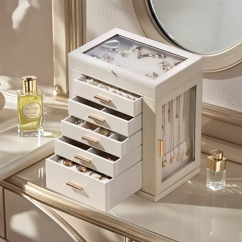 A luxury cream-white jewelry box with a clear top window sits on a vanity table next to perfume bottles. The drawers are slightly pulled out and the side glass panel shows organized hanging gold necklaces.
