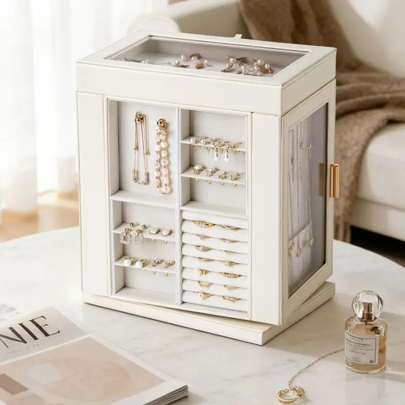 A stylish cream jewelry cabinet with a swivel base on a marble table next to a perfume bottle and a magazine, displaying organized earrings and rings in a cozy home environment.