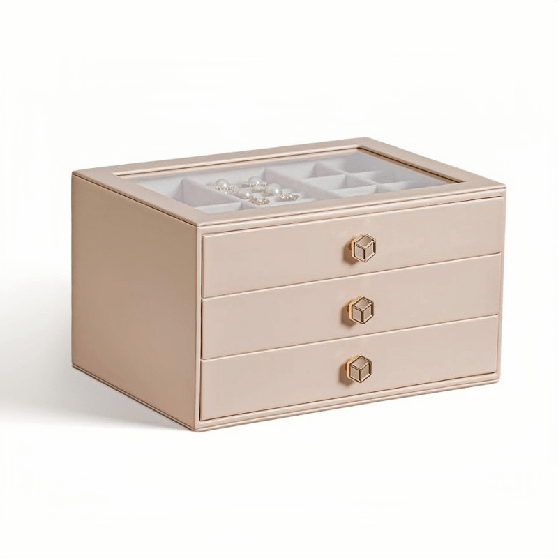 Pink 3-layer stackable jewelry box with glass lid 