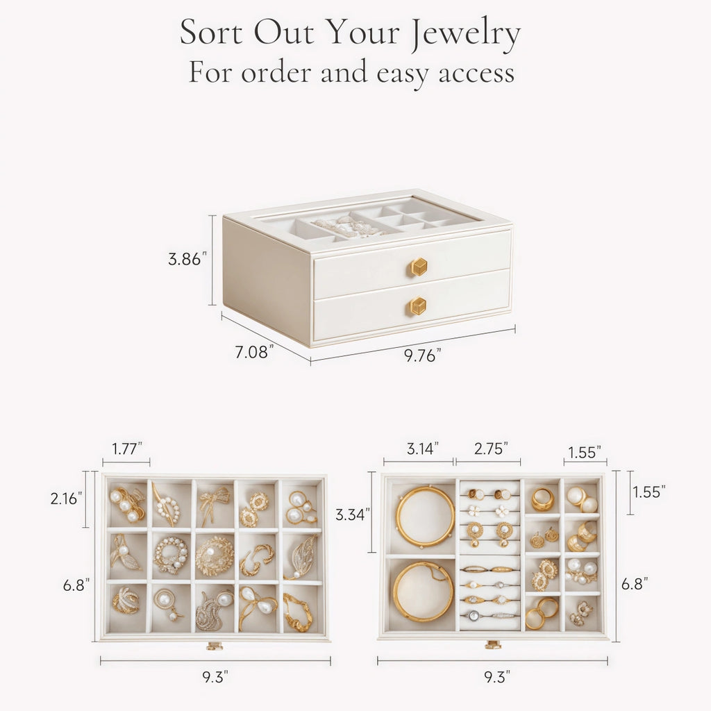 Glass lid jewelry box dimensions – 9.76 x 7.08 x 3.86 inches with drawer compartment sizes