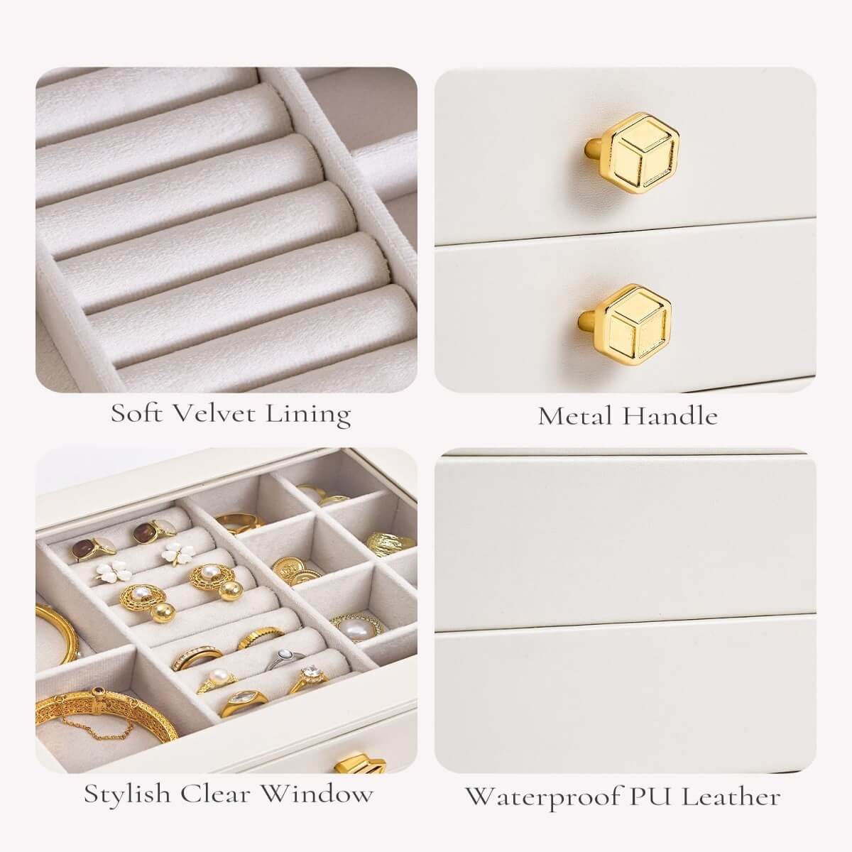 Jewelry box detail – soft velvet lining, gold geometric knob, clear glass lid and waterproof PU leather