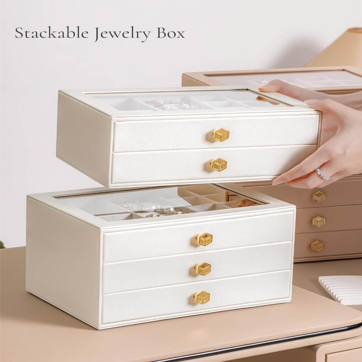 glass lid jewelry boxes stacked together showing modular stackable design