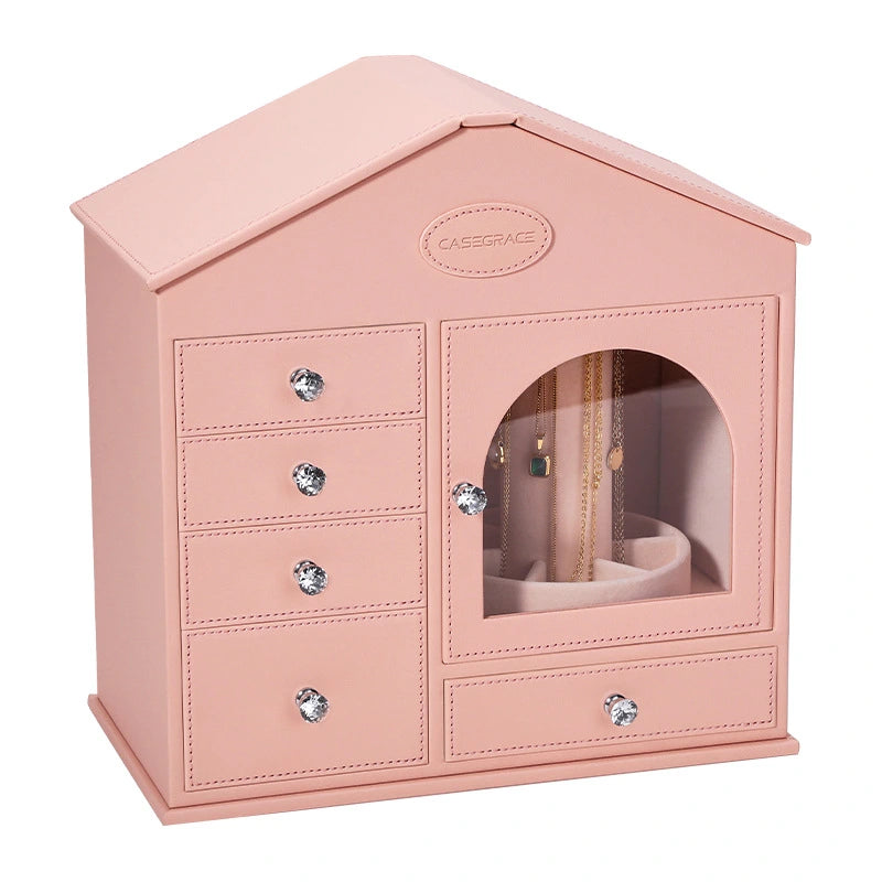 Pink house-shaped jewelry box front main view