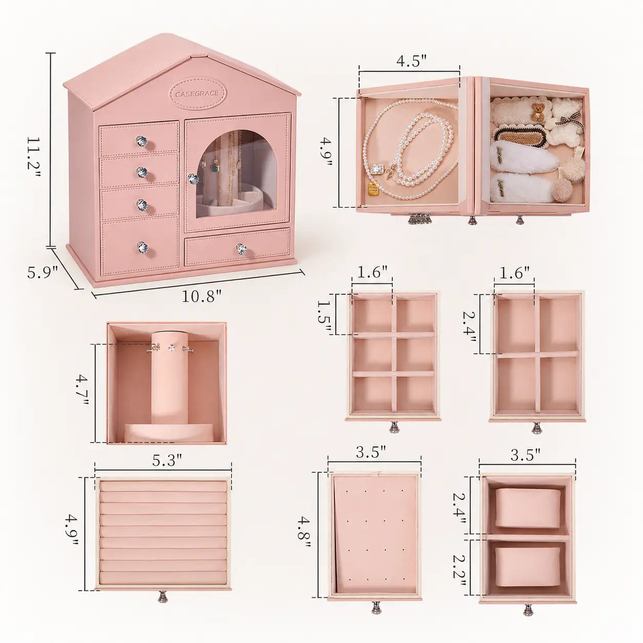 House jewelry box size with all drawer and compartment dimensions