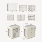 A detailed size chart diagram of the jewelry case. The top section labels the specific inch measurements for each of the 5 removable drawer inserts. The bottom section outlines the overall dimensions of the cabinet, showing a height of 11.1 inches, width of 9.25 inches, and depth of 6.3 inches.