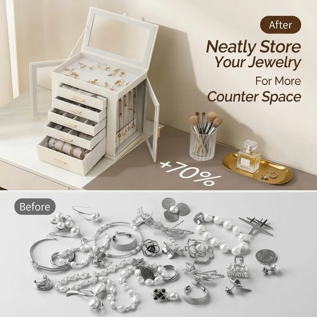 A before-and-after comparison infographic. The bottom "Before" section shows a cluttered pile of necklaces and rings. The top "After" section shows the organized jewelry inside a cream organizer, highlighting 70% more counter space.