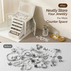 A before-and-after comparison infographic. The bottom "Before" section shows a cluttered pile of necklaces and rings. The top "After" section shows the organized jewelry inside a cream organizer, highlighting 70% more counter space.