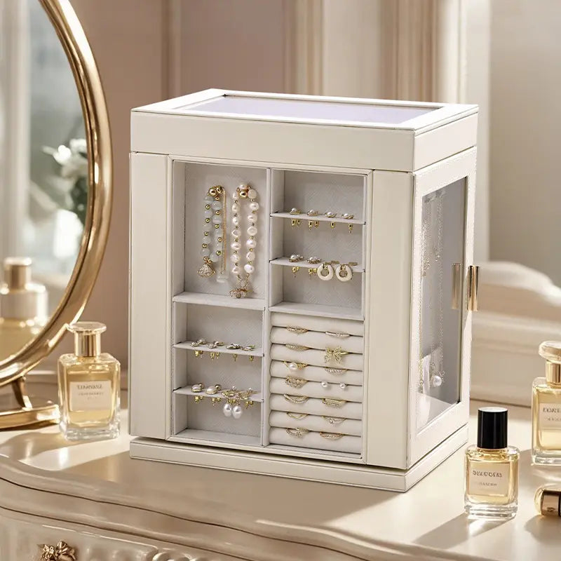 Close-up view of a cream jewelry organizer section dedicated to small accessories, featuring hanging hooks for bracelets, multiple rows for stud earrings, and soft ring rolls filled with rings under a clear window.