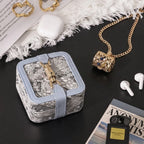 Mini 3D embroidered jacquard fabric lock clasp jewelry box with accessories, lifestyle scene