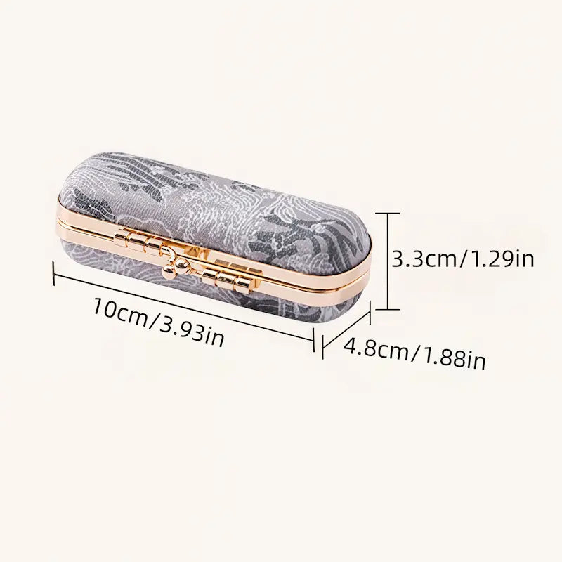 Size chart of a grey jacquard mini jewelry box showing dimensions of 3.93 inches long, 1.88 inches wide, and 1.29 inches high.