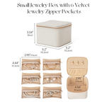 Mini travel jewelry box dimensions – 13.2 x 13.2 x 9cm box with 11.3 x 7.5cm velvet zipper pockets