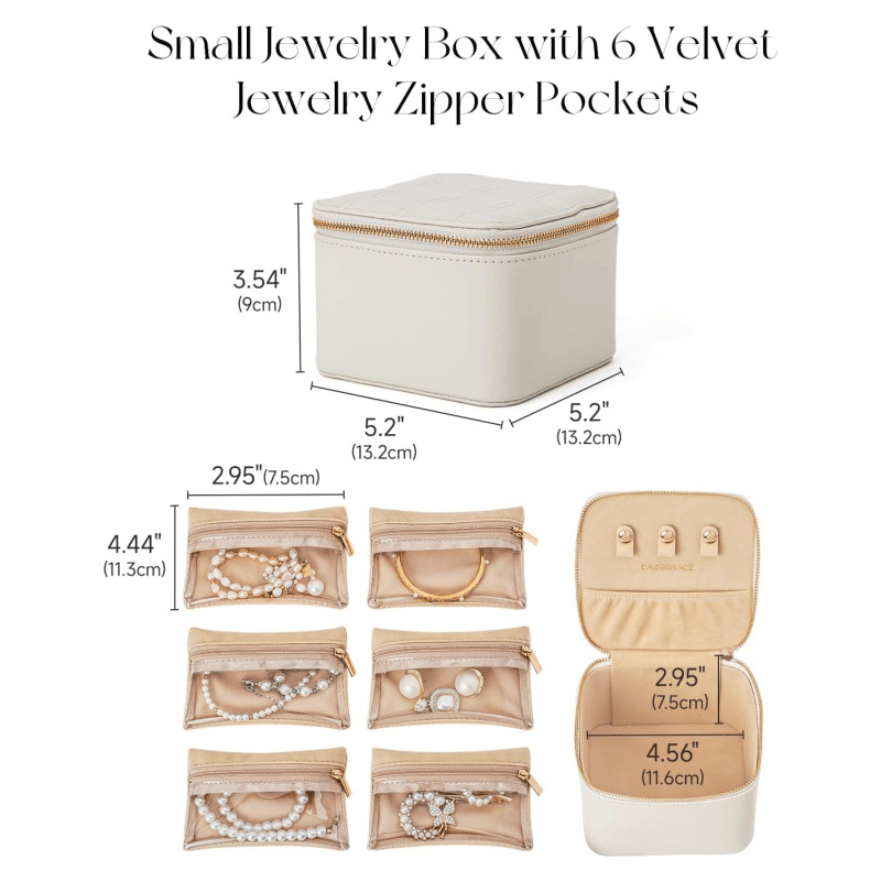 Mini travel jewelry box dimensions – 13.2 x 13.2 x 9cm box with 11.3 x 7.5cm velvet zipper pockets